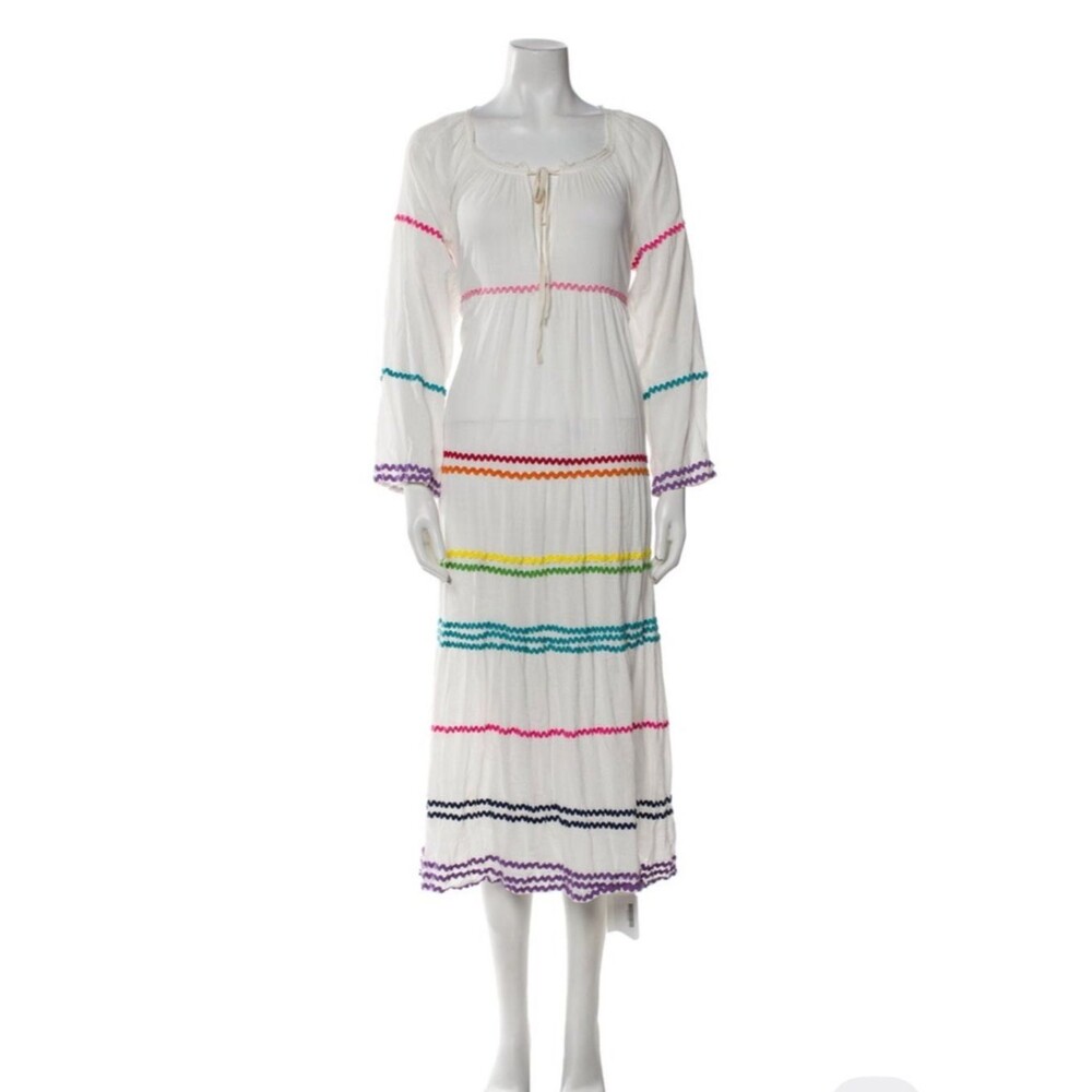 9 Seed White Maxi Dress/ coverup with Multicolor Trim - Boho Tie-Neck